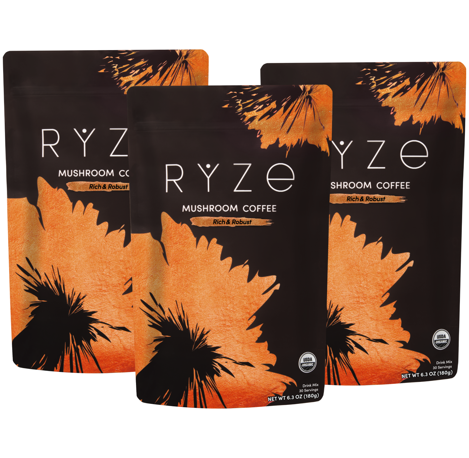 Three RYZE Mushroom Coffee dark roast bags